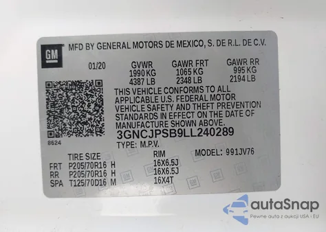 2020 Chevrolet Trax Awd Lt from USA, damaged, VIN 3GNCJPSB9LL240289